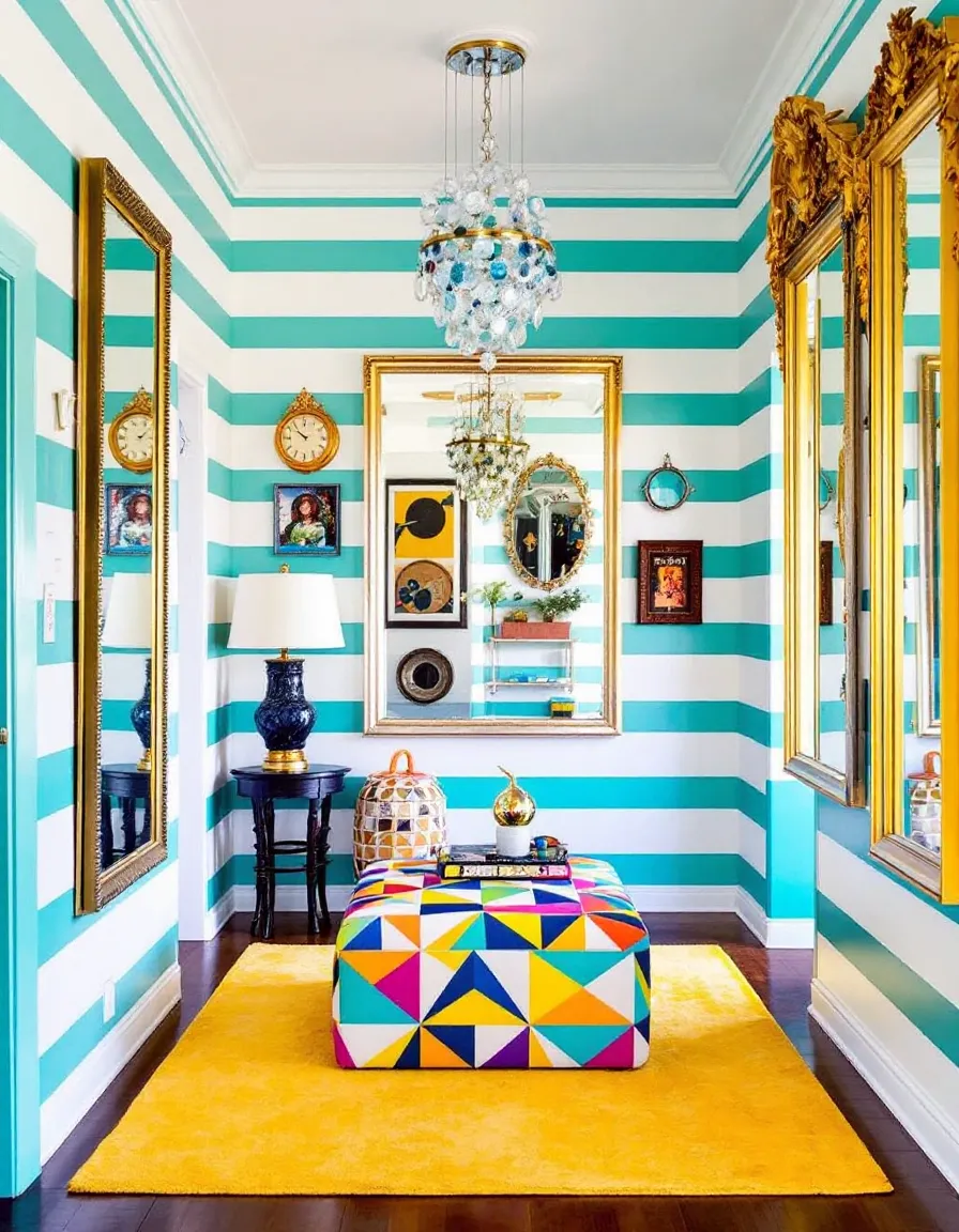 mixed era room with teal striped walls, gold frames, yellow rug and multi-color settee